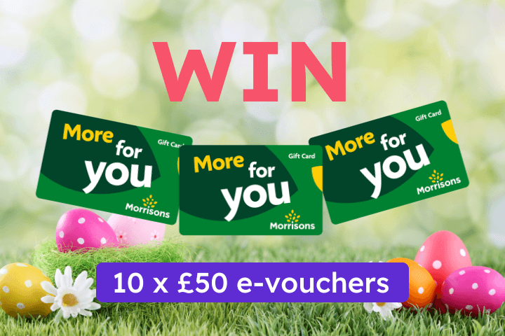 Win Morrisons Easter competition with 10 x £50 gift card e-vouchers. Colourful spring background with Easter eggs and flowers. Ideal for accessible grocery giveaways, food vouchers for disabled people, and inclusive shopping competitions UK.