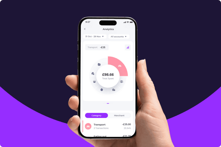 A phone shot that shows the analytics feature where users can see a pie chart of their spending in different categories.