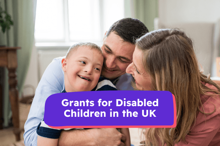 Smiling young boy with Down syndrome being hugged by two parents in a cosy living room, with a bright purple banner that reads ‘Grants for Disabled Children in the UK’, representing support and funding options for families.