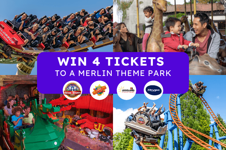 Merlin theme park competition banner showing thrill rides and families with children for a chance to win four tickets perfect for accessible days out and disabled family attractions UK.