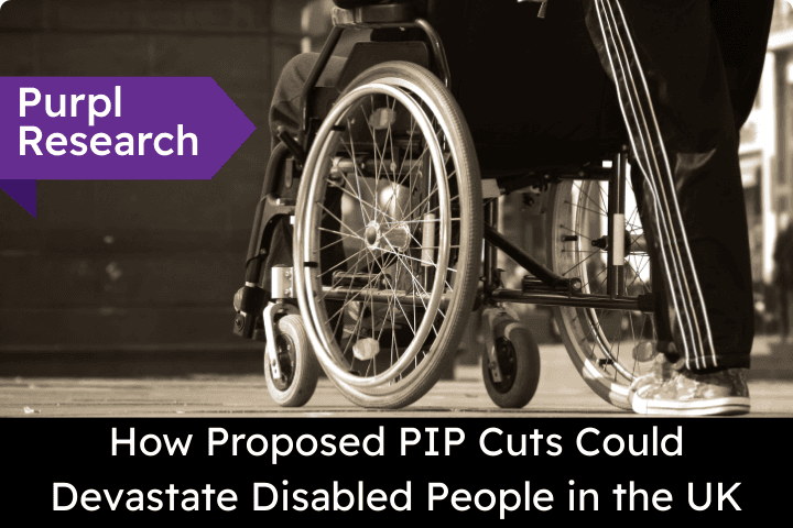 A black and white image of a person in a wheelchair with text reading Purpl research How Proposed pip cuts could devastate disabled people in the UK