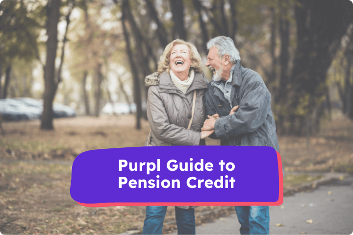 An older male female couple are laughing in a park in autumn, text reads Purpl guide to Pension Credit