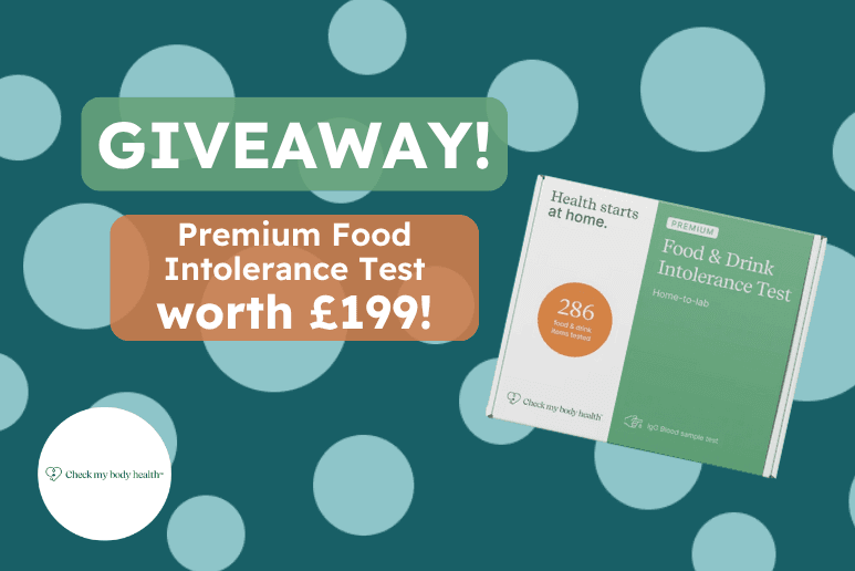 Giveaway promotion featuring Check My Body Health's Premium Food and Drink Intolerance Test worth £199, highlighting 286 food and drink items tested with home to lab blood sample testing for identifying intolerances and supporting healthy living.
