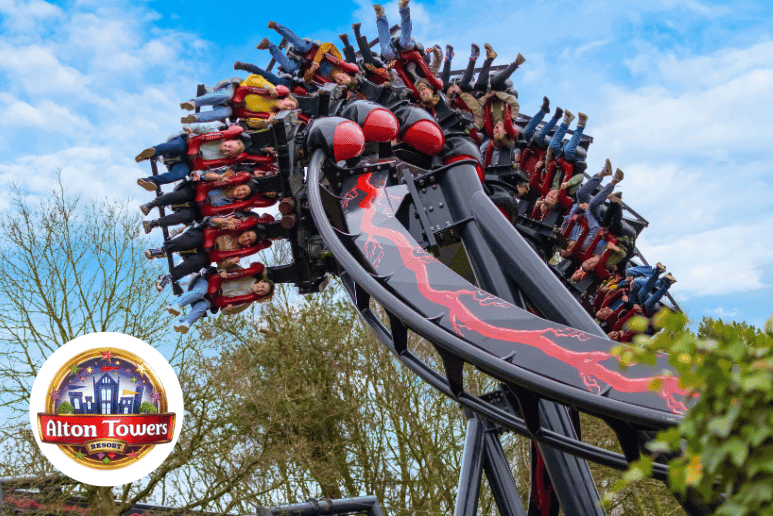 Alton Towers rollercoaster ride in action at a UK theme park, showing an accessible day out experience for disabled people and those with long-term health conditions, linked to UK theme park breaks, family attractions and Shopping Discounts for Disabled People.