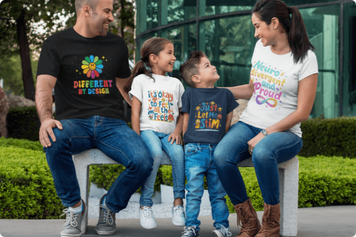 A family with a mum, dad and two young children are sat on a bench outdoors smiling, they all have t-shirts from Differently Perfect with slogans that celebrate and normalise neurodiversity