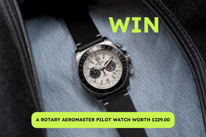 Promotional image for a competition to win a Rotary Aeromaster Pilot Watch valued at £229, featuring a sleek black leather strap and detailed watch face.