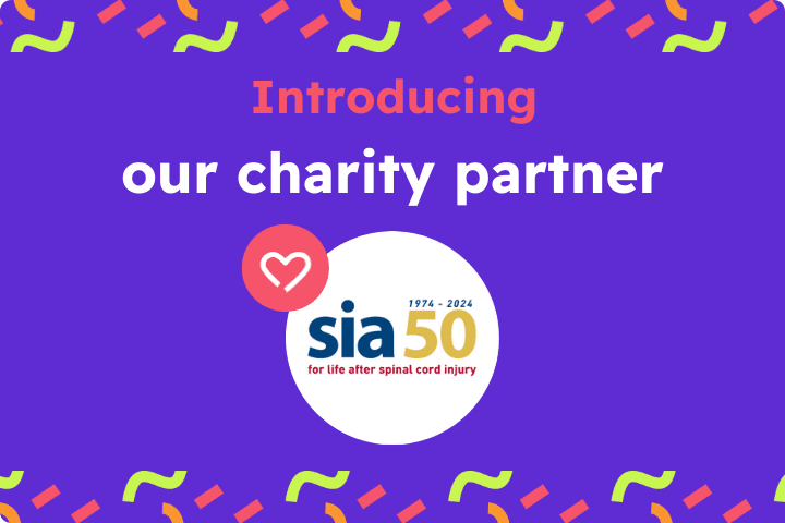 Announcement graphic introducing SIA (Spinal Injuries Association) as a charity partner, featuring vibrant Purpl branding. Highlights Charity Partnerships for Disabled Support and Financial Assistance for Disabilities.