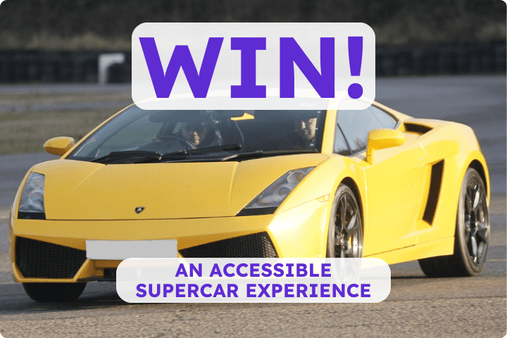 A yellow sportswear on a track with the text reading Win! an accessible supercar experience