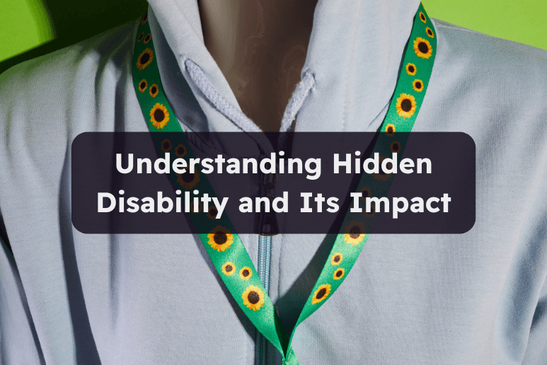 Person wearing sunflower lanyard with text about understanding hidden disability and its impact, Shopping Discounts for Disabled People and Accessibility Support UK.