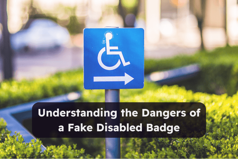 Blue disabled parking sign with greenery background, used to highlight the dangers of fake disabled badges in the UK. Awareness on mobility discounts, accessibility rights, and protecting genuine disabled people from fraud.