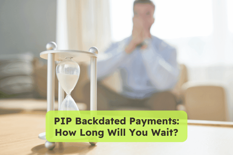 Hourglass on a table with a person waiting anxiously in the background, representing delays in receiving PIP backdated payments and the uncertainty disabled people face while waiting for financial support.