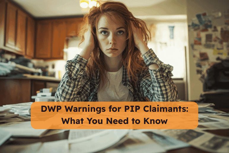A worried woman sits at a kitchen table covered in letters and paperwork, illustrating stress over benefits. Text overlay reads “DWP Warnings for PIP Claimants: What You Need to Know.” Includes secondary keywords such as Shopping Discounts for Disabled People, Disabled Travel Discounts UK, and Mobility Discounts and Offers to support disabled users searching for guidance on PIP warnings and money-saving help.