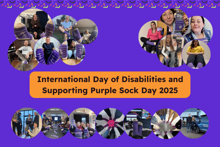 Collage of people with disabilities and long term health conditions wearing purple socks for awareness, used for the article International Day of Disabilities and Supporting Purple Sock Day 2025, highlighting inclusion, community support, and access to Purpl discounts, shopping discounts for disabled people, disabled travel discounts UK, and mobility discounts and offers.