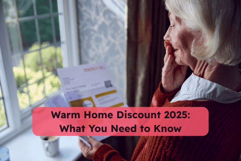 Warm Home Discount 2025 - What You Need to Know. Older woman reading an energy bill letter by the window.