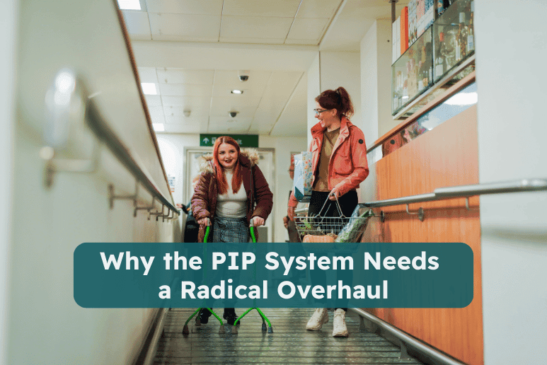 Disabled people shopping in a supermarket using mobility aids, illustrating PIP Changes Are Long Overdue: Why the System Needs a Radical Overhaul and UK disability benefits reform.