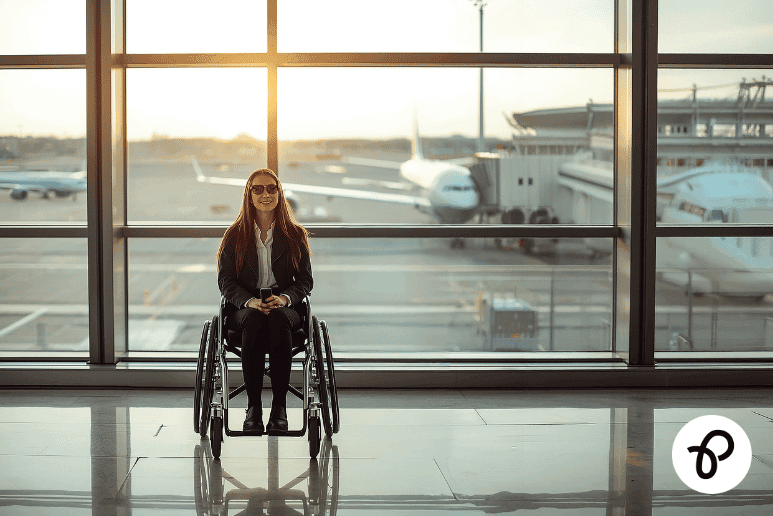 Wheelchair user at airport departure lounge travelling with disability travel insurance and Purpl discounts for people with long term health conditions.