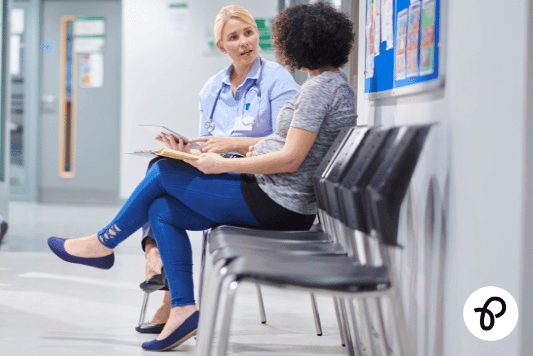 NHS nurse discussing return to work support with patient in hospital setting, affecting disabled people and long term health conditions, with Purpl discounts context.